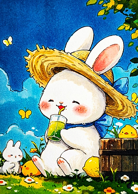 Cute Bunny Drinking Lemonade