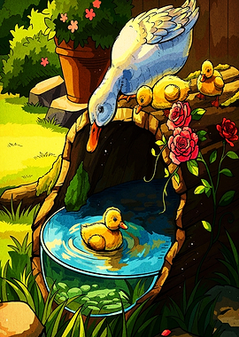 Mother Duck and Ducklings in Garden