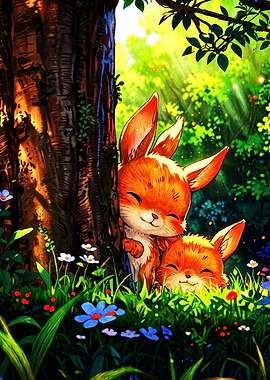 Two Cute Foxes in Forest