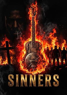 Sinners Movie Poster with Burning Guitar