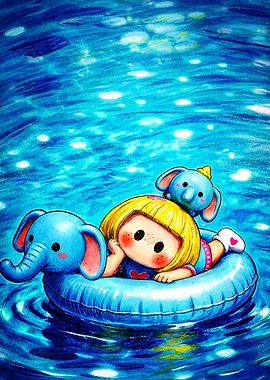 Cute Girl Floating with Elephant Floats