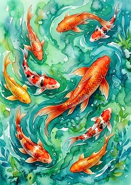Vibrant Watercolor Koi Fish Pond