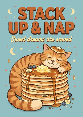 Cute Cat Sleeping on Pancakes Poster
