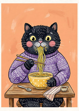 Cute Black Cat Eating Ramen