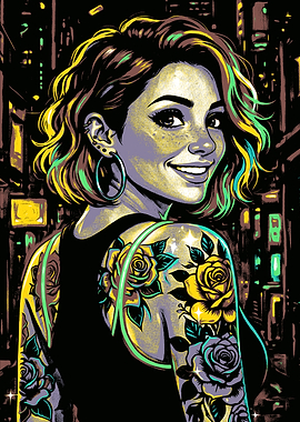 Neon Tattooed Woman Portrait