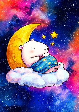 Cute Capybara Sleeping on Moon