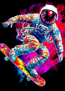 Colorful Astronaut Skateboarding in Space
