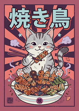 Cute Cat Eating Yakitori Poster