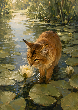 Cat Exploring a Water Lily Pond