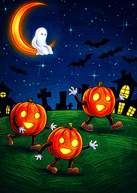 Cartoon Halloween Pumpkins and Ghost