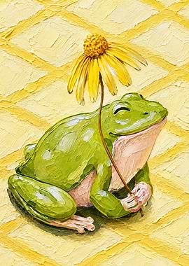 Oil Painting of Frog Holding Flower