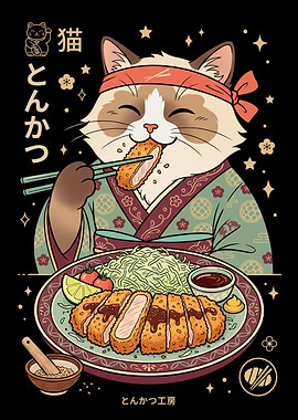 Cute Cat Eating Tonkatsu Illustration