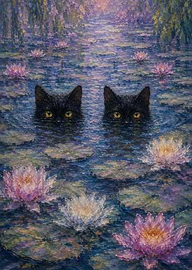 Two Black Cats in Water Lilies