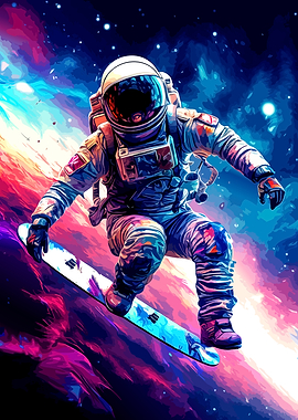 Astronaut Snowboarding Through Vibrant Nebula
