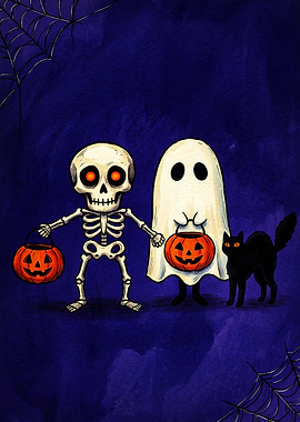 Cute Halloween Skeleton and Ghost