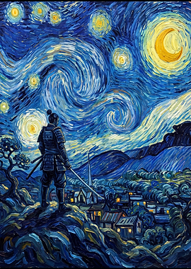 Samurai Standing in Starry Night