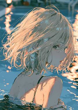 Anime Girl Swimming in Golden Light