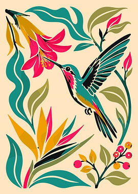 Hummingbird and Tropical Flowers Illustration