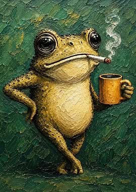 Cool Frog Smoking with Coffee