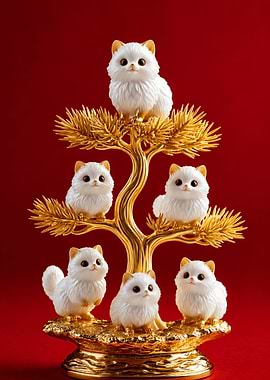 Golden Tree with Five White Kittens
