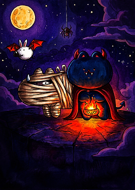 Cute Halloween Characters Under Full Moon