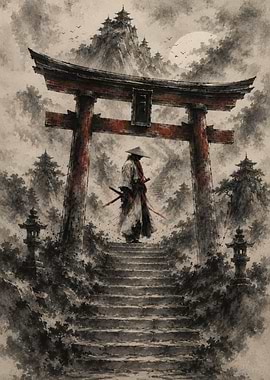 Samurai Standing Under Torii Gate