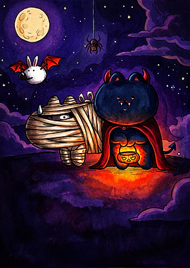 Cute Halloween Themed Battle Cats Illustration