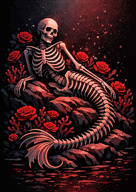 Skeleton Mermaid Among Red Roses