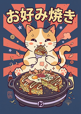 Cute Cat Eating Okonomiyaki Illustration