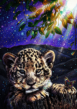 Baby Leopard with Butterfly Under Stars