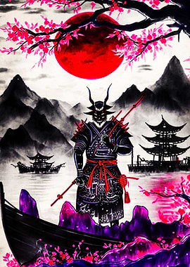 Samurai Warrior Under Red Moon
