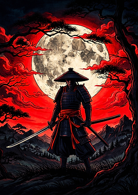 Samurai Warrior Under Red Moon