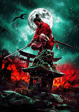 Samurai Warrior Under Full Moon
