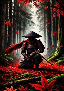 Samurai Kneeling in Autumn Forest