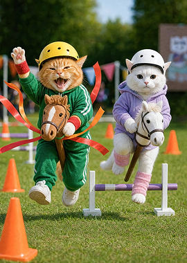 Cats Racing on Hobby Horses