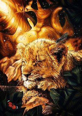 Sleeping Lion Cub in Magical Jungle