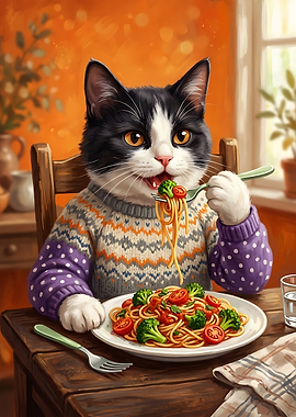 Cat Eating Spaghetti Dinner