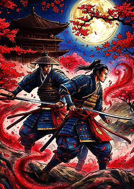 Two Samurai Warriors Under Full Moon