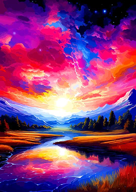 Vibrant Sunset Over Mountain River