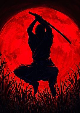 Ninja Silhouette Against Red Moon