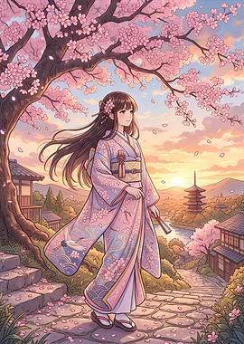 Girl in Kimono Under Cherry Blossoms