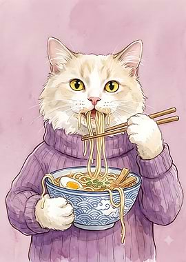 Cute Cat Eating Ramen Noodles