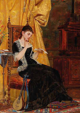 Victorian Woman Reading with Mandolin