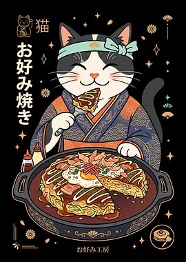 Cute Cat Eating Okonomiyaki Illustration
