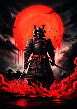 Samurai Warrior Under Blood Red Moon