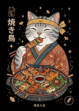 Cute Cat Eating Yakitori Illustration