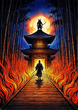 Samurai Facing Fire at Temple Gate