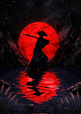 Samurai Silhouette Under Red Moon