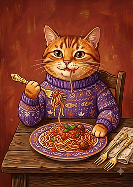Cute Cat Eating Spaghetti Dinner
