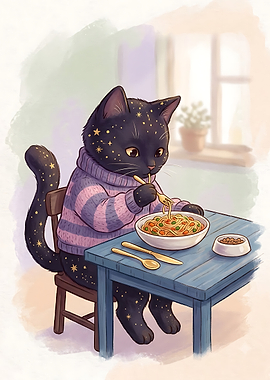 Celestial Cat Eating Pasta